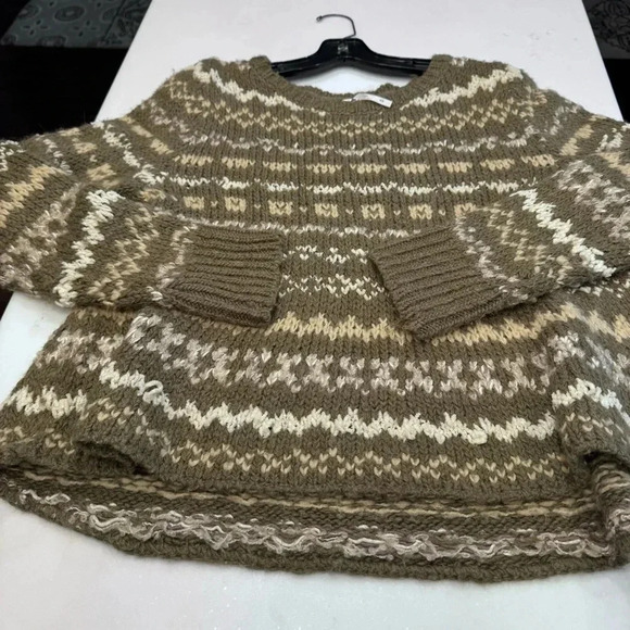Free People Through the Storm Fair Isle Knit Sweater Sz M Taupe - Picture 6 of 10